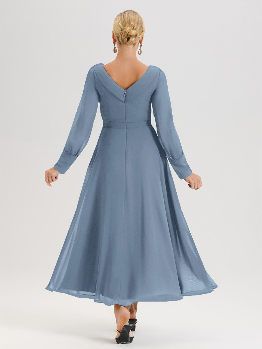 Cicinia Robe Longue Mère De La Mariée Bleu De Schiste Décolleté En V Manches Longues Trapèze En Mousseline