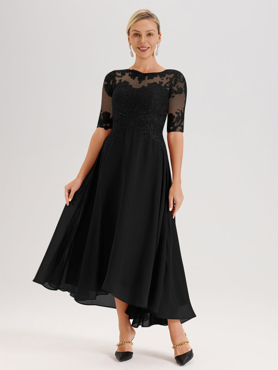 Cicinia Robe Mère Du Marié Noir En Mousseline Dentelle Col Rond Demi-Manche Ourlet Irrégulier