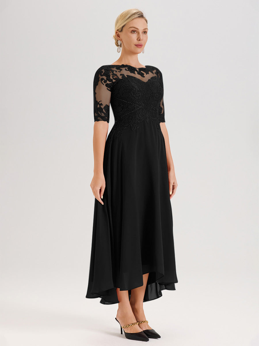Cicinia Robe Mère Du Marié Noir En Mousseline Dentelle Col Rond Demi-Manche Ourlet Irrégulier