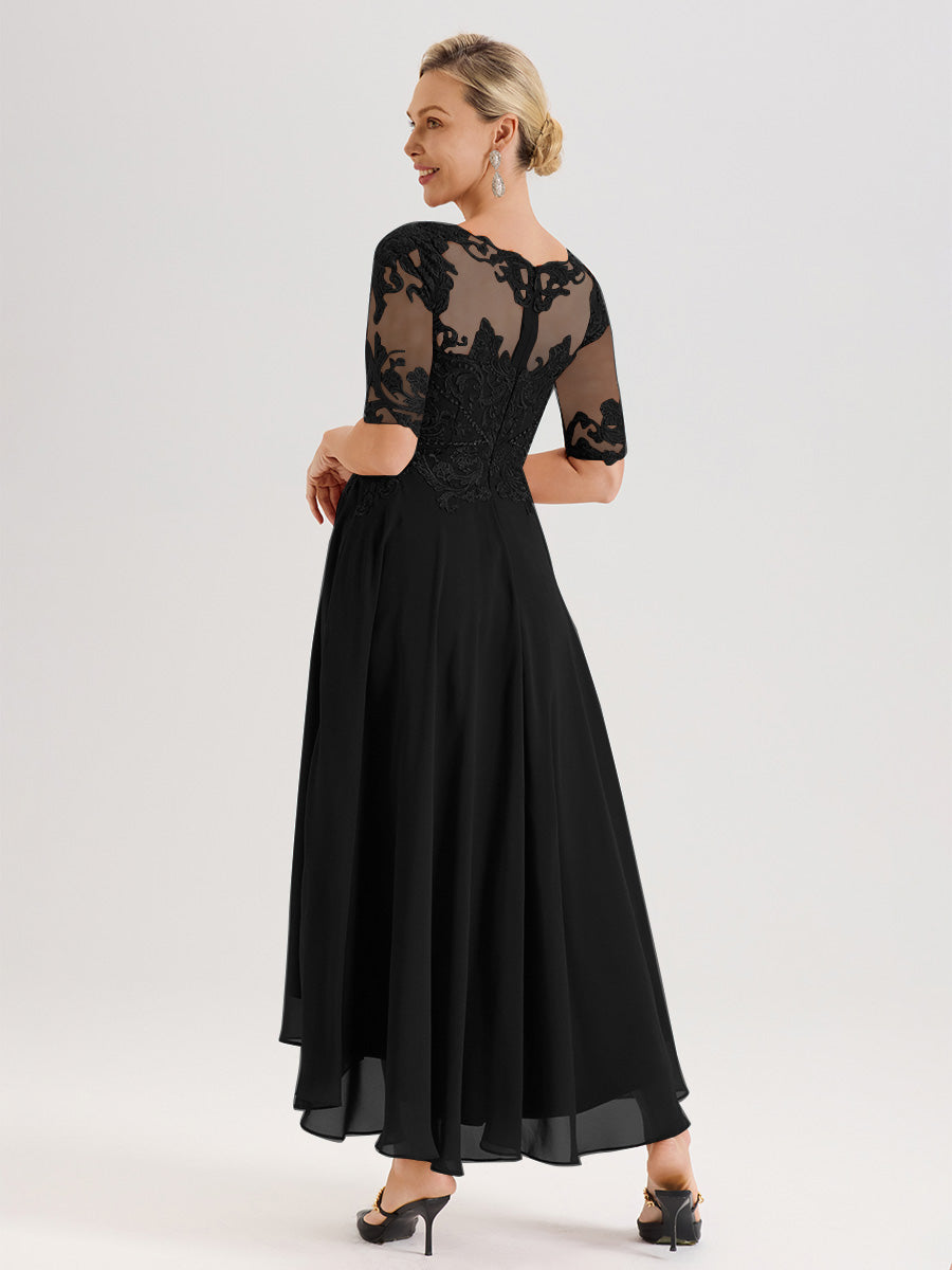 Cicinia Robe Mère Du Marié Noir En Mousseline Dentelle Col Rond Demi-Manche Ourlet Irrégulier