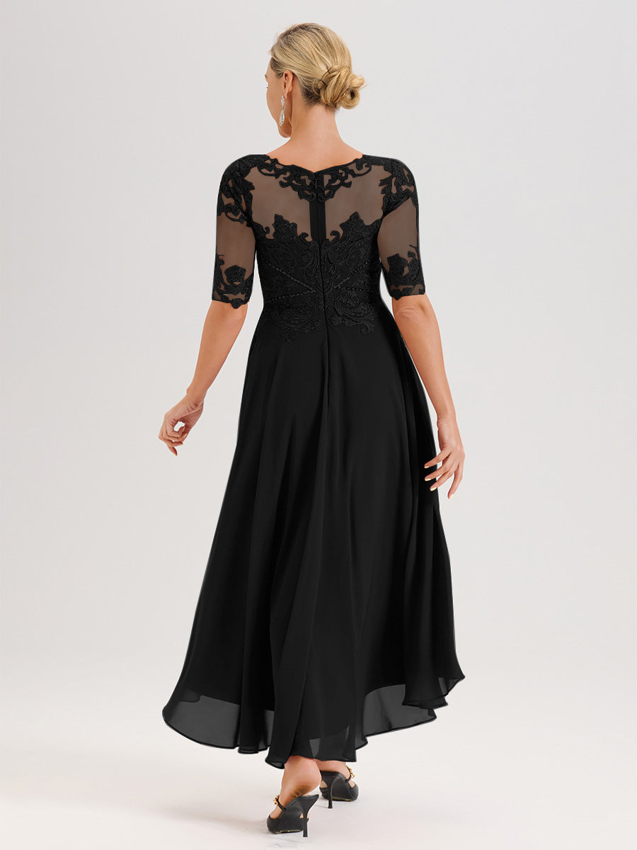 Cicinia Robe Mère Du Marié Noir En Mousseline Dentelle Col Rond Demi-Manche Ourlet Irrégulier