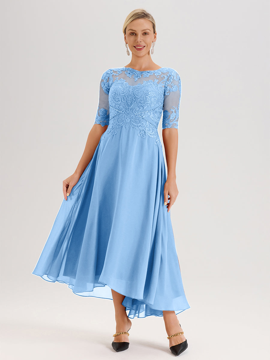 Cicinia Robe Mère Du Marié Bleu En Mousseline Dentelle Col Rond Demi-Manche Ourlet Irrégulier