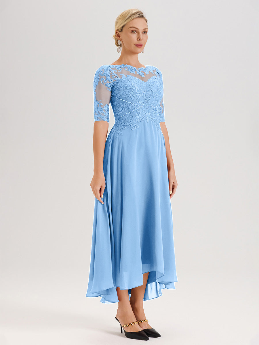 Cicinia Robe Mère Du Marié Bleu En Mousseline Dentelle Col Rond Demi-Manche Ourlet Irrégulier