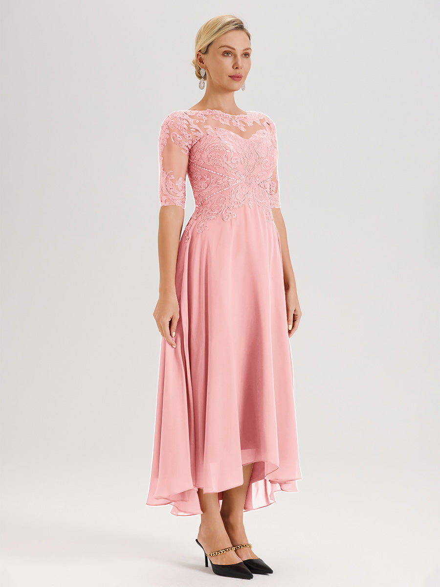 Cicinia Robe Mère Du Marié En Rose En Mousseline Dentelle Col Rond Demi-Manche Ourlet Irrégulier