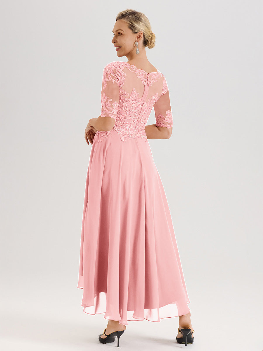 Cicinia Robe Mère Du Marié En Rose En Mousseline Dentelle Col Rond Demi-Manche Ourlet Irrégulier