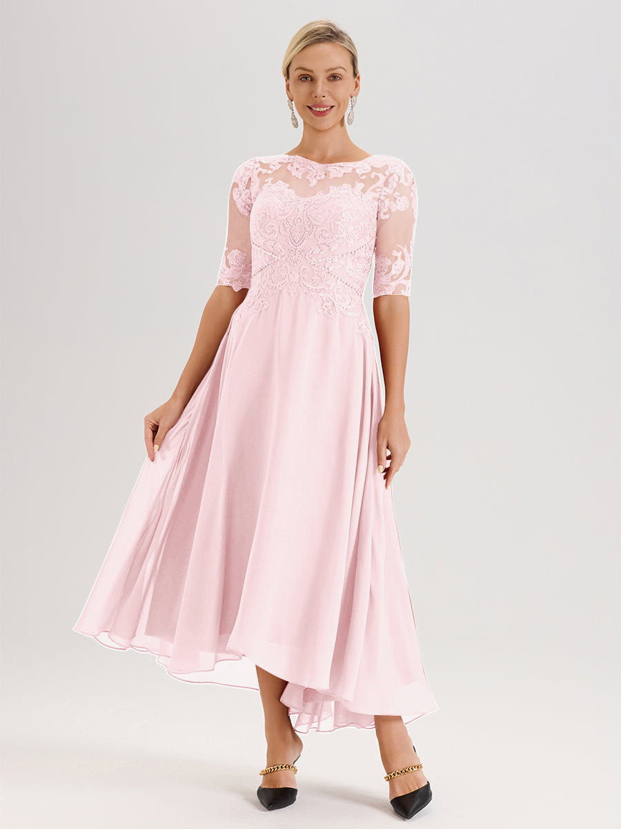 Cicinia Robe Mère Du Marié Rose Pale En Mousseline Dentelle Col Rond Demi-Manche Ourlet Irrégulier