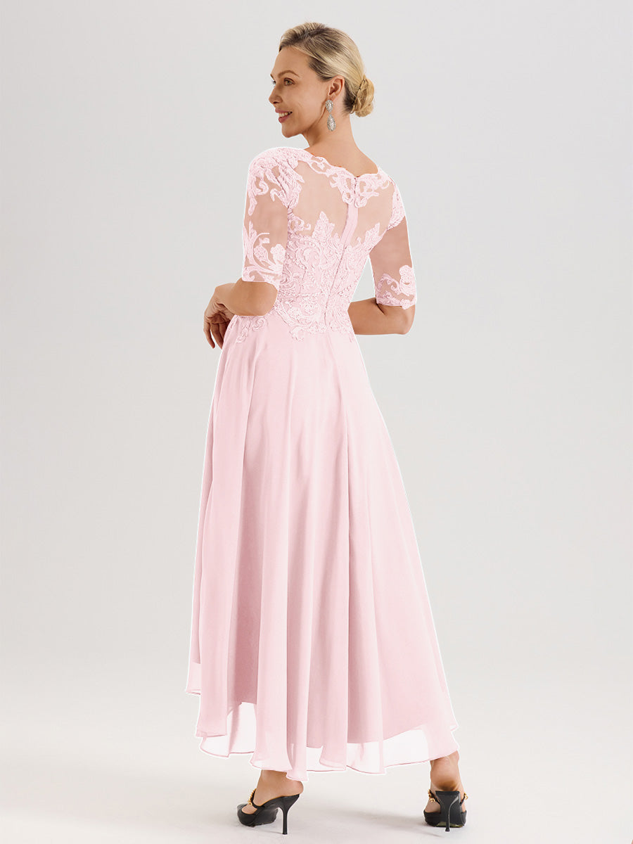 Cicinia Robe Mère Du Marié Rose Pale En Mousseline Dentelle Col Rond Demi-Manche Ourlet Irrégulier