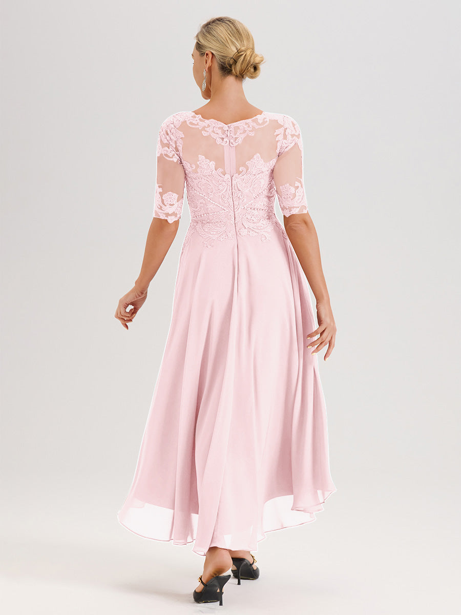 Cicinia Robe Mère Du Marié Rose Pale En Mousseline Dentelle Col Rond Demi-Manche Ourlet Irrégulier