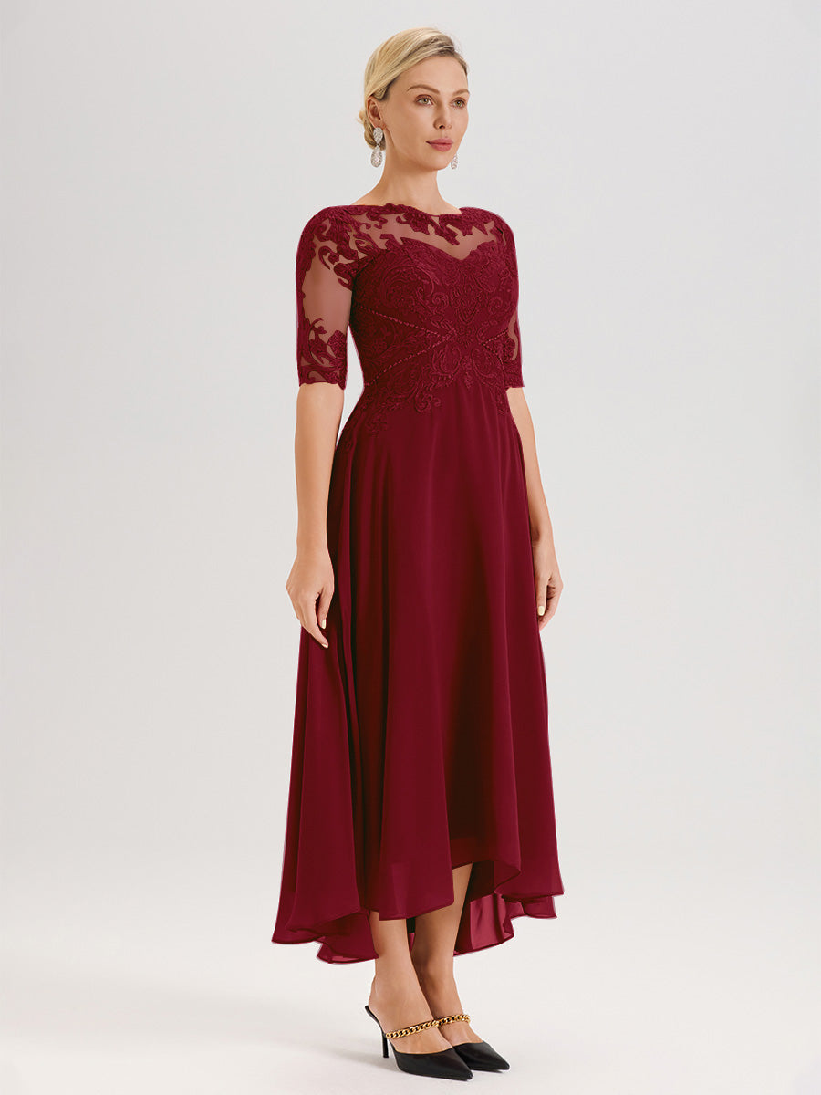 Cicinia Robe Mère Du Marié Rouge Bordeaux En Mousseline Dentelle Col Rond Demi-Manche Ourlet Irrégulier