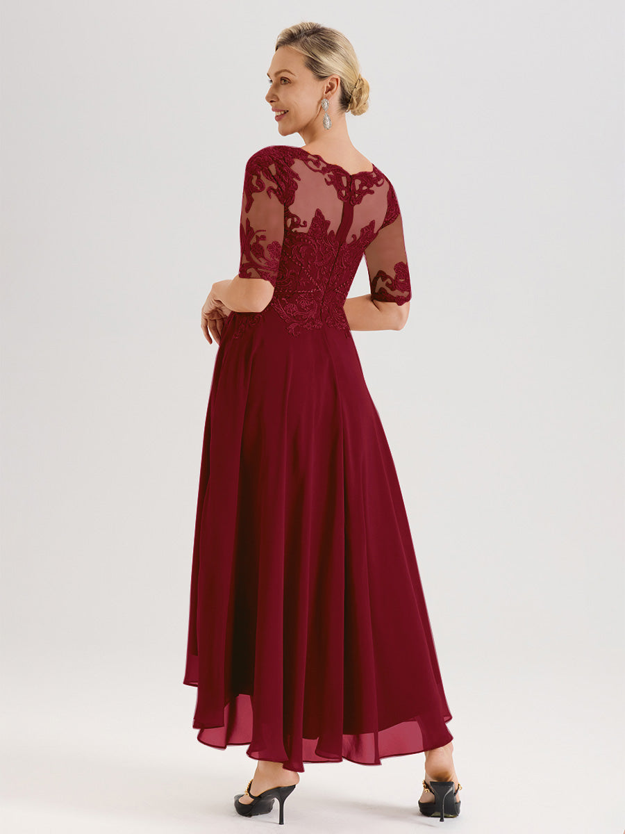 Cicinia Robe Mère Du Marié Rouge Bordeaux En Mousseline Dentelle Col Rond Demi-Manche Ourlet Irrégulier
