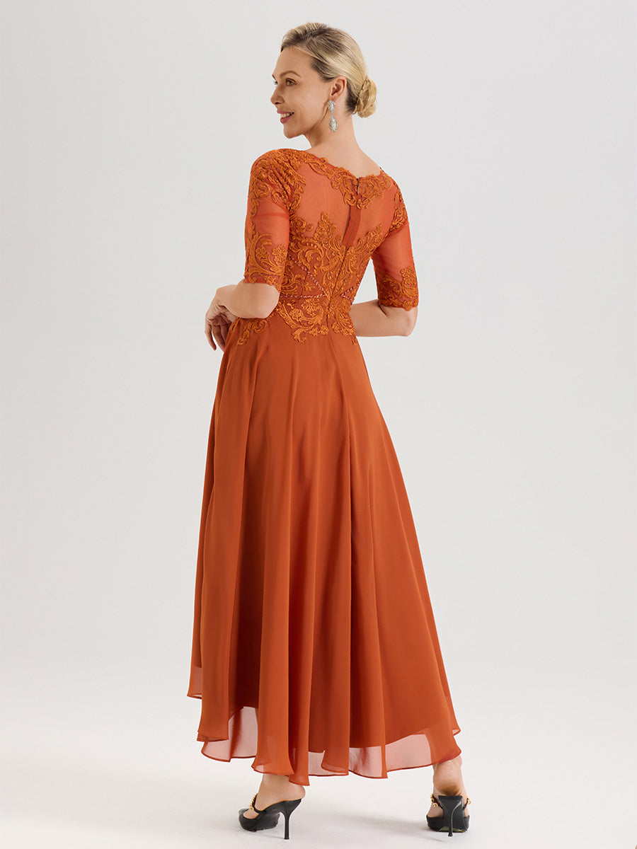 Cicinia Robe Mère Du Marié Orange Brûlé En Mousseline Dentelle Col Rond Demi-Manche Ourlet Irrégulier