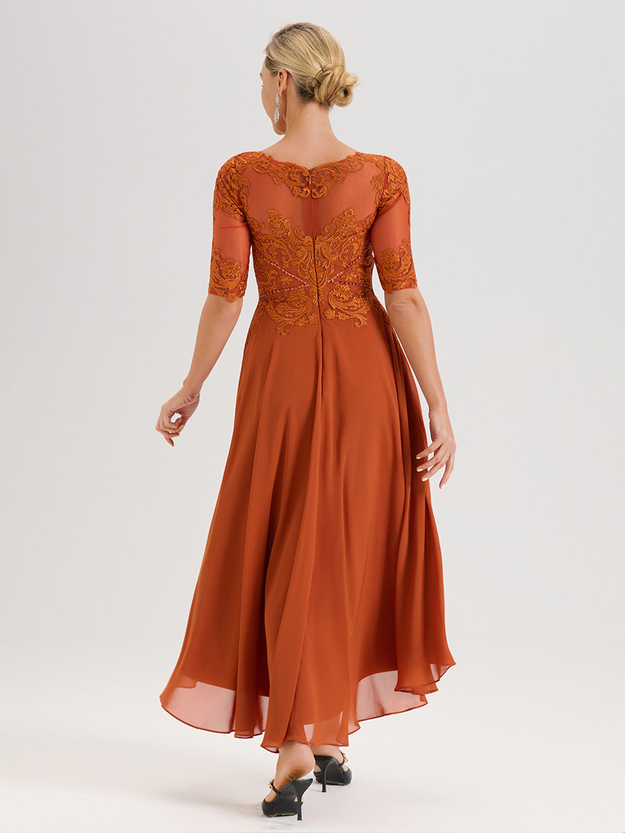 Cicinia Robe Mère Du Marié Orange Brûlé En Mousseline Dentelle Col Rond Demi-Manche Ourlet Irrégulier