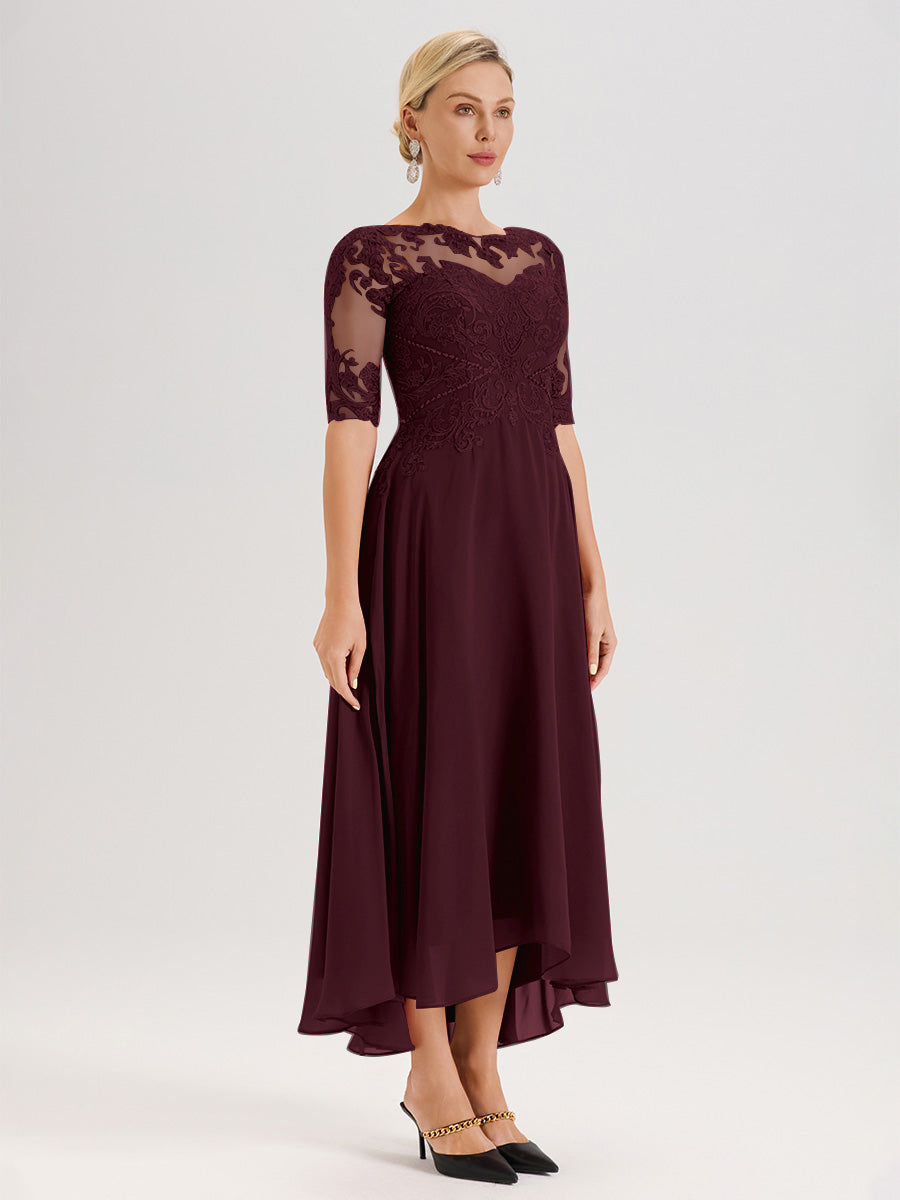 Cicinia Robe Mère Du Marié Cabernet En Mousseline Dentelle Col Rond Demi-Manche Ourlet Irrégulier