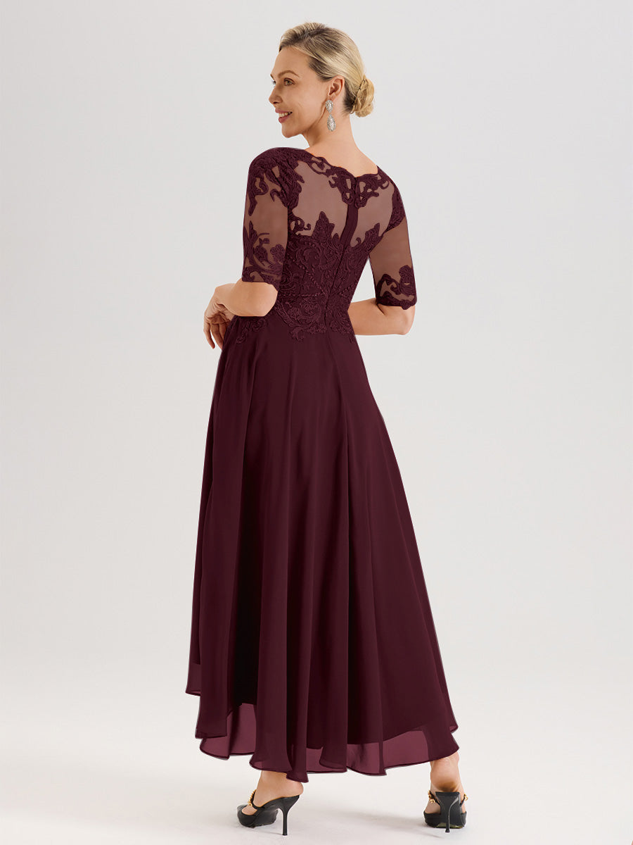 Cicinia Robe Mère Du Marié Cabernet En Mousseline Dentelle Col Rond Demi-Manche Ourlet Irrégulier