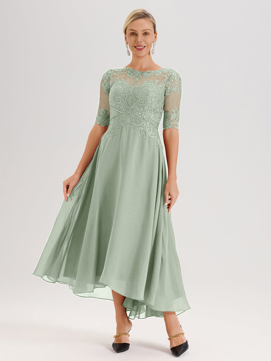 Cicinia Robe Mère Du Marié Celadon En Mousseline Dentelle Col Rond Demi-Manche Ourlet Irrégulier