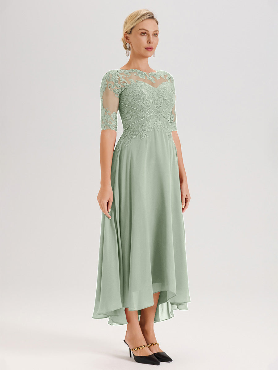 Cicinia Robe Mère Du Marié Celadon En Mousseline Dentelle Col Rond Demi-Manche Ourlet Irrégulier