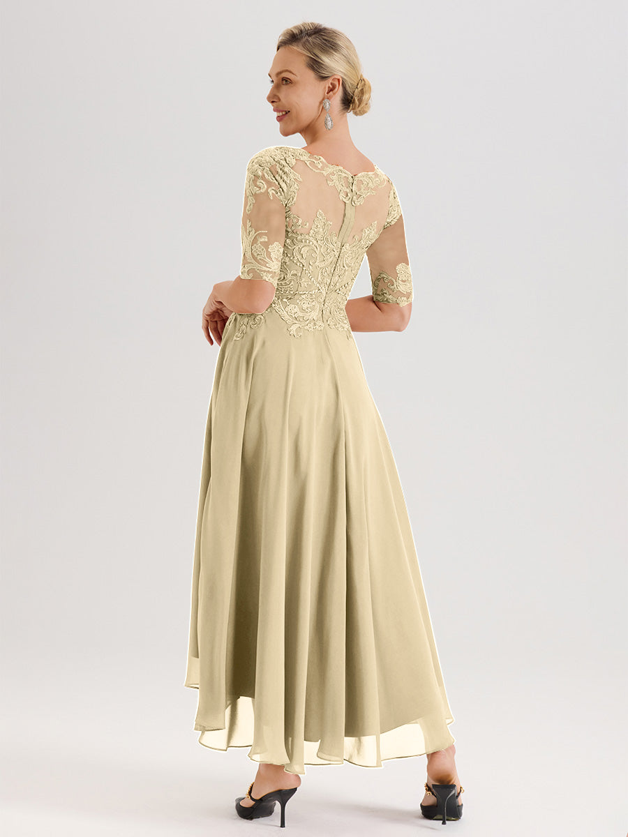 Cicinia Robe Mère Du Marié Couleur Champagne En Mousseline Dentelle Col Rond Demi-Manche Ourlet Irrégulier