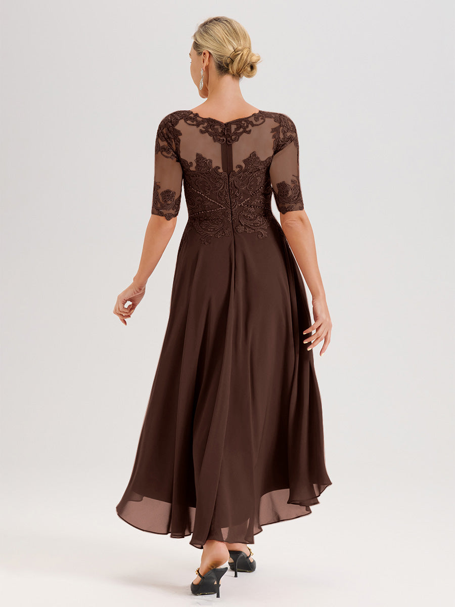 Cicinia Robe Mère Du Marié Chocolat En Mousseline Dentelle Col Rond Demi-Manche Ourlet Irrégulier