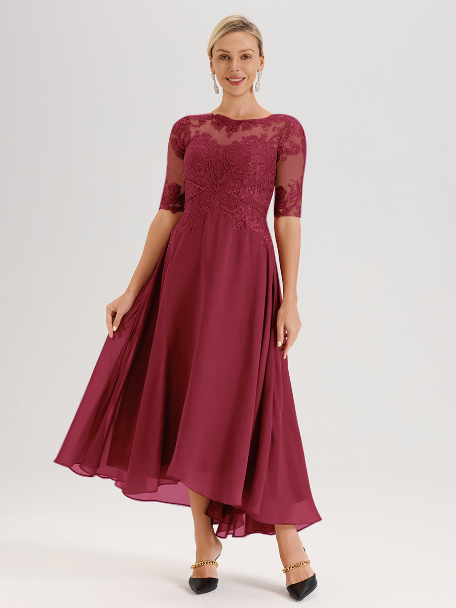 Cicinia Robe Mère Du Marié Couleur Rose Cannelle En Mousseline Dentelle Col Rond Demi-Manche Ourlet Irrégulier