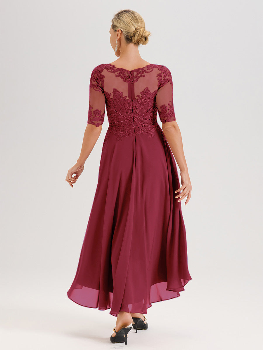 Cicinia Robe Mère Du Marié Couleur Rose Cannelle En Mousseline Dentelle Col Rond Demi-Manche Ourlet Irrégulier