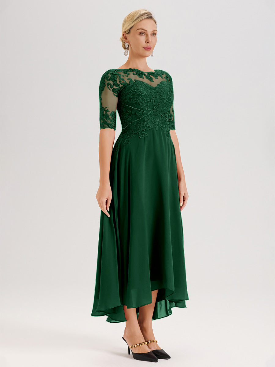 Cicinia Robe Mère Du Marié Vert Foncé En Mousseline Dentelle Col Rond Demi-Manche Ourlet Irrégulier
