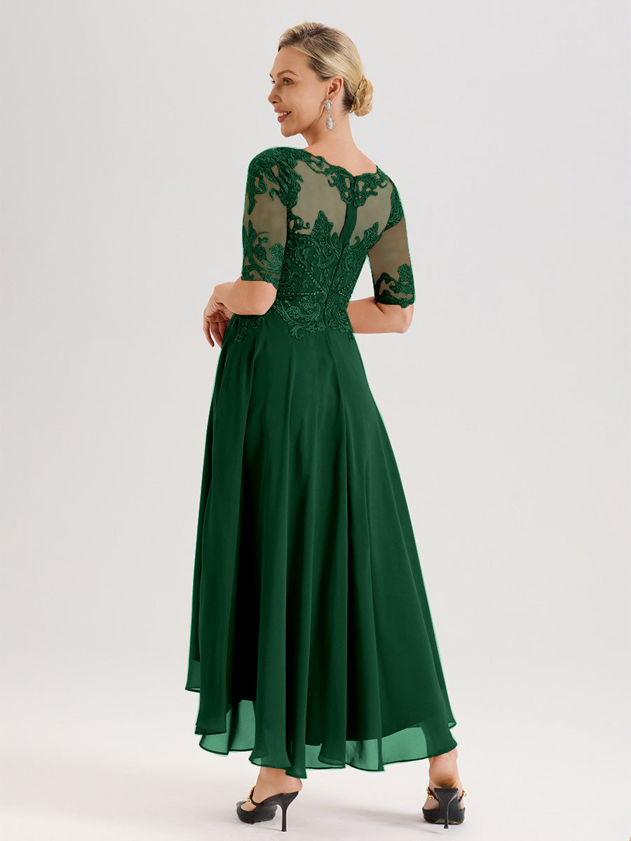 Cicinia Robe Mère Du Marié Vert Foncé En Mousseline Dentelle Col Rond Demi-Manche Ourlet Irrégulier