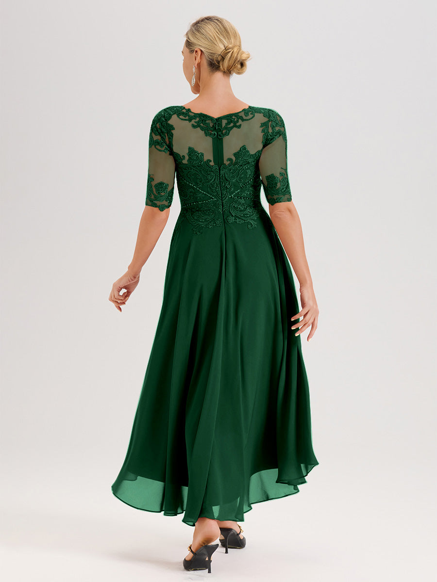 Cicinia Robe Mère Du Marié Vert Foncé En Mousseline Dentelle Col Rond Demi-Manche Ourlet Irrégulier