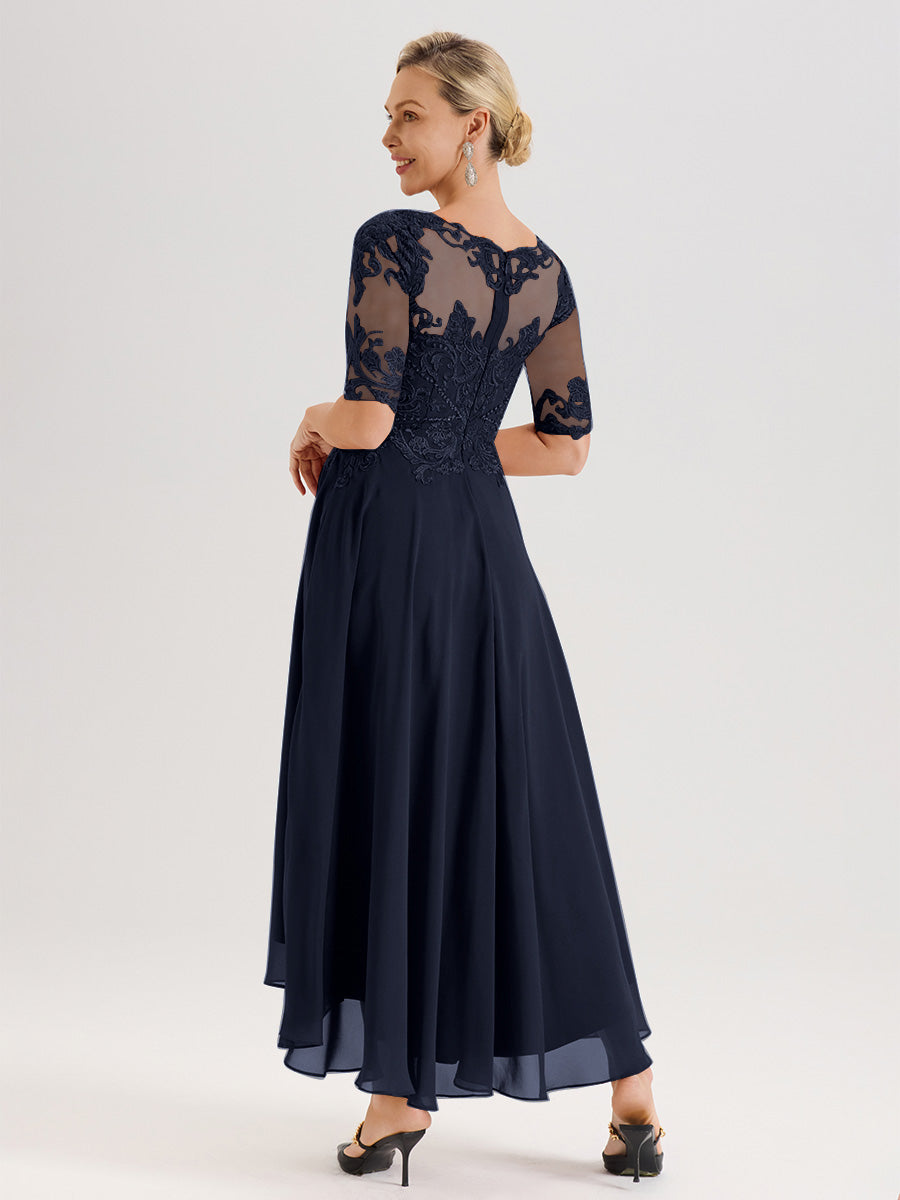 Cicinia Robe Mère Du Marié Bleu Marine En Mousseline Dentelle Col Rond Demi-Manche Ourlet Irrégulier