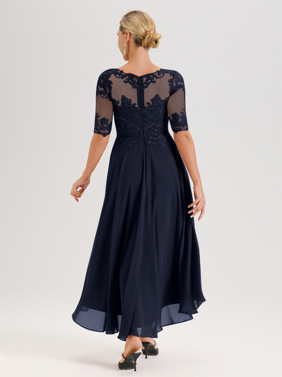 Cicinia Robe Mère Du Marié Bleu Marine En Mousseline Dentelle Col Rond Demi-Manche Ourlet Irrégulier