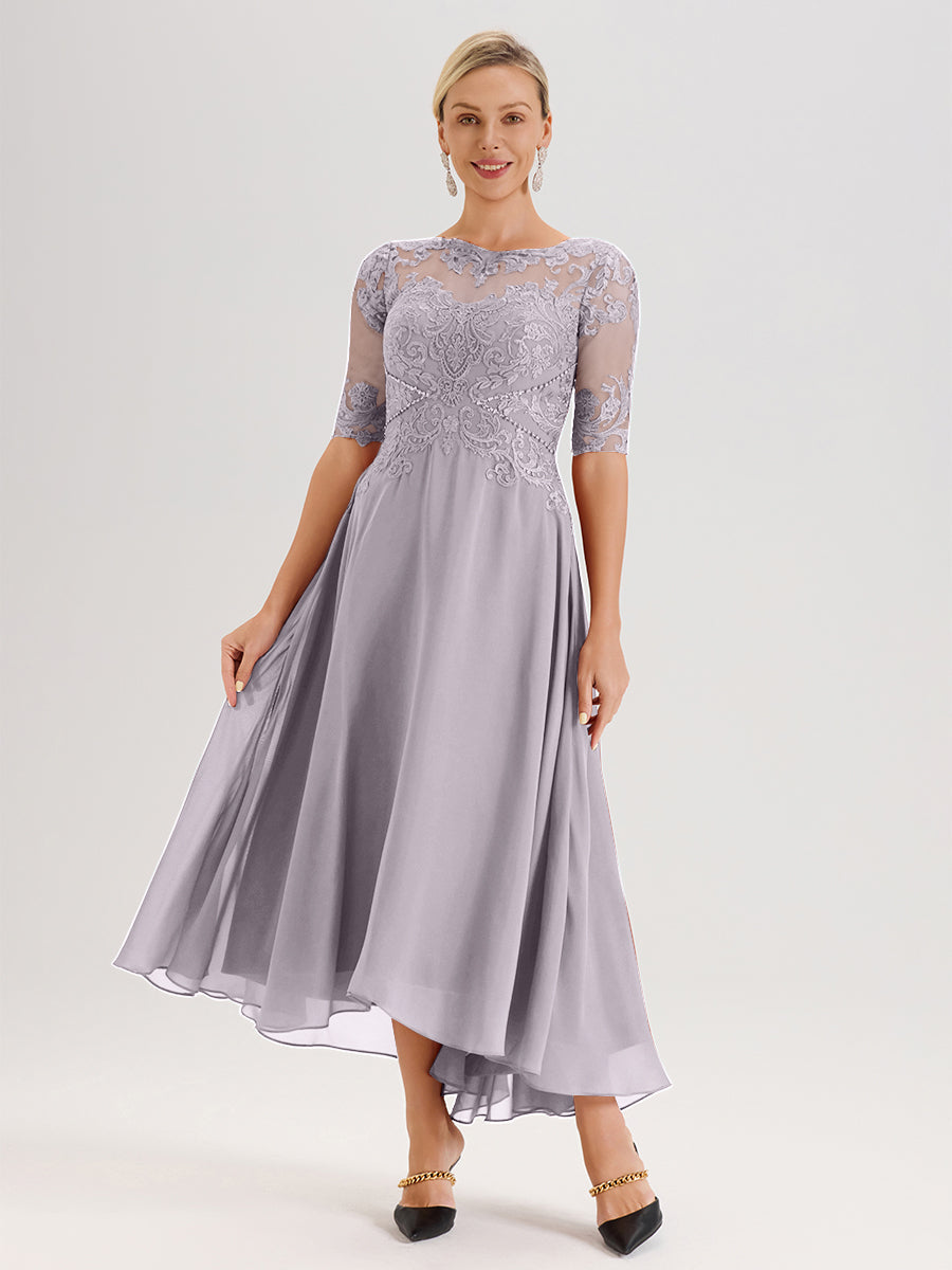 Cicinia Robe Mère Du Marié Couleur Crépuscule En Mousseline Dentelle Col Rond Demi-Manche Ourlet Irrégulier