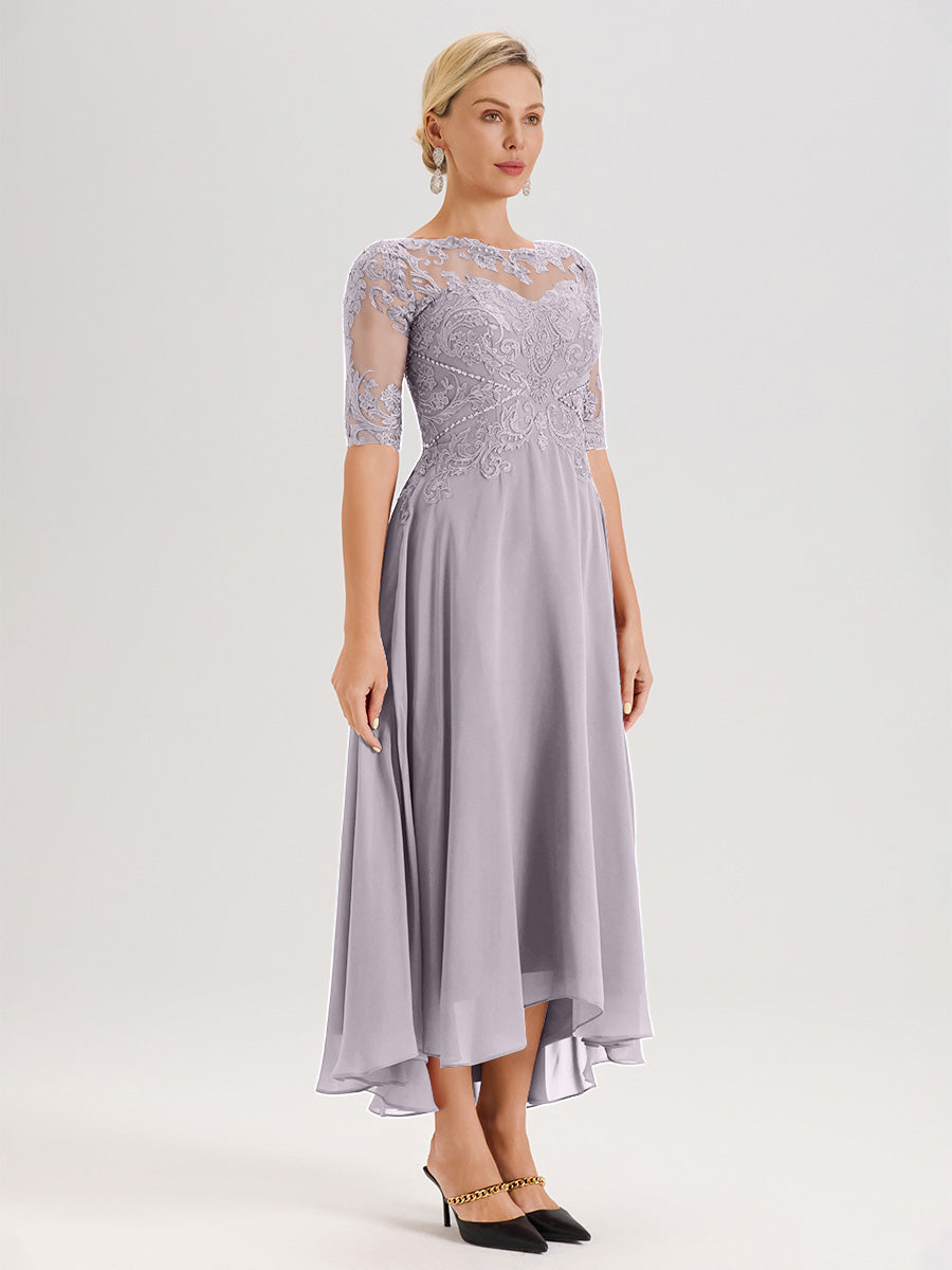 Cicinia Robe Mère Du Marié Couleur Crépuscule En Mousseline Dentelle Col Rond Demi-Manche Ourlet Irrégulier