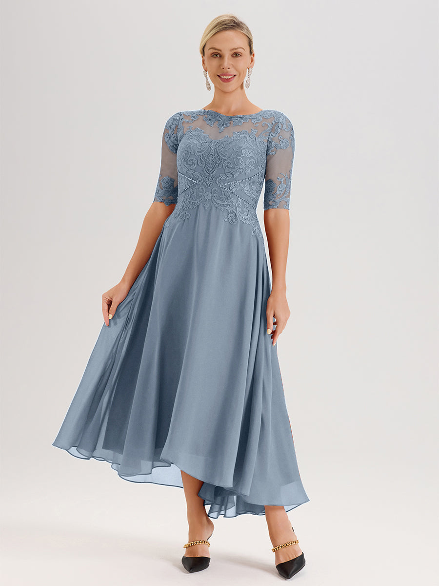 Cicinia Robe Mère Du Marié Bleu Poudre En Mousseline Dentelle Col Rond Demi-Manche Ourlet Irrégulier