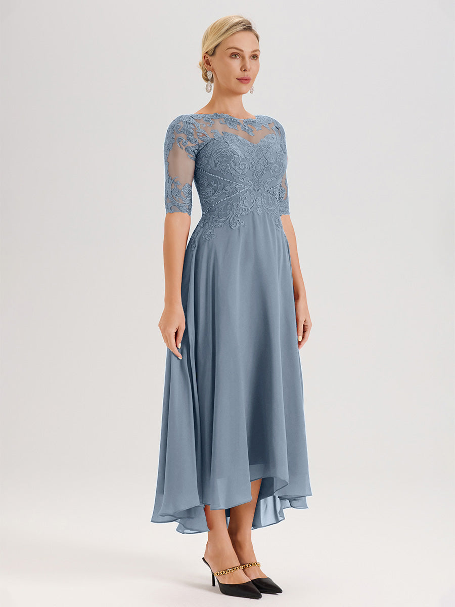Cicinia Robe Mère Du Marié Bleu Poudre En Mousseline Dentelle Col Rond Demi-Manche Ourlet Irrégulier