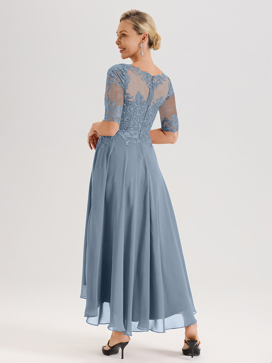 Cicinia Robe Mère Du Marié Bleu Poudre En Mousseline Dentelle Col Rond Demi-Manche Ourlet Irrégulier