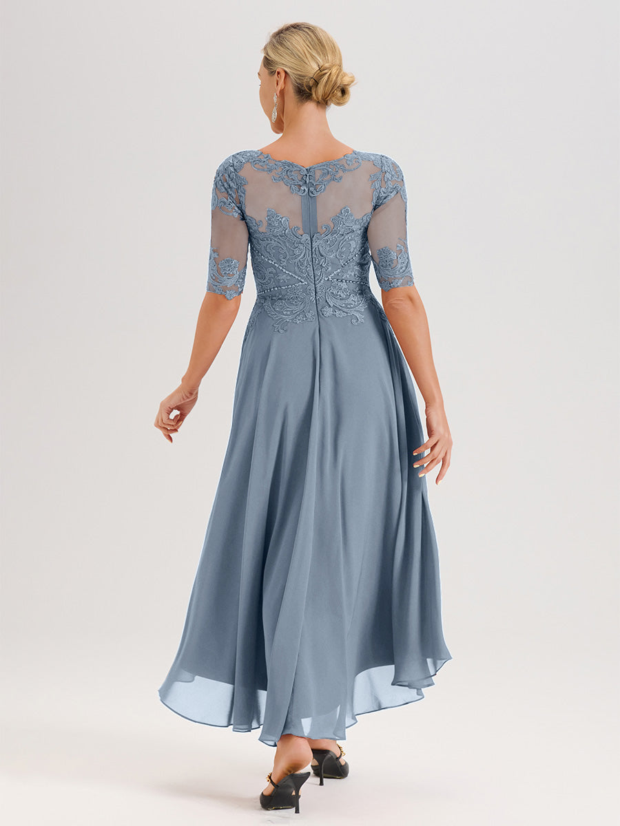 Cicinia Robe Mère Du Marié Bleu Poudre En Mousseline Dentelle Col Rond Demi-Manche Ourlet Irrégulier