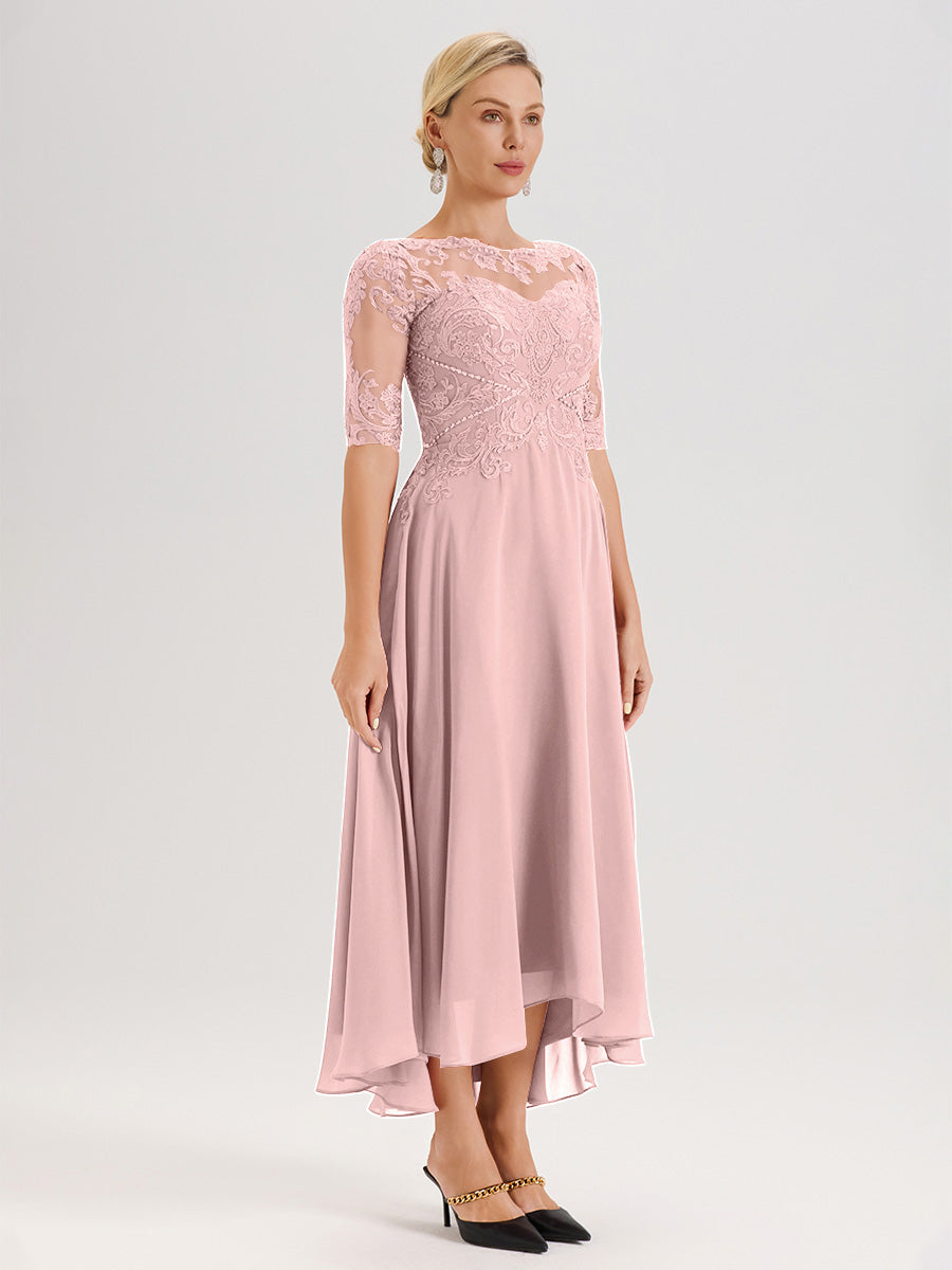 Cicinia Robe Mère Du Marié Rose Poussiéreux En Mousseline Dentelle Col Rond Demi-Manche Ourlet Irrégulier