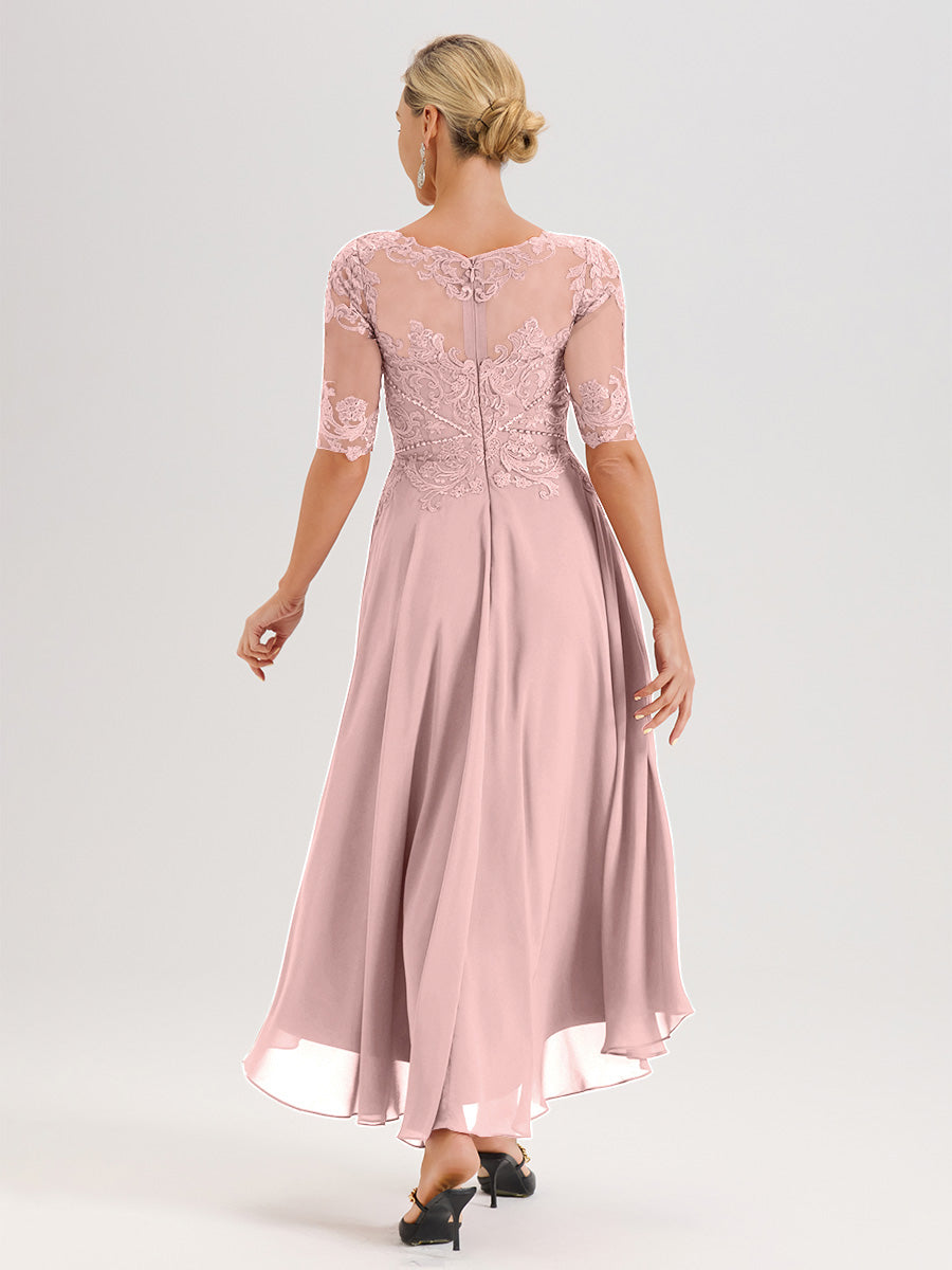 Cicinia Robe Mère Du Marié Rose Poussiéreux En Mousseline Dentelle Col Rond Demi-Manche Ourlet Irrégulier