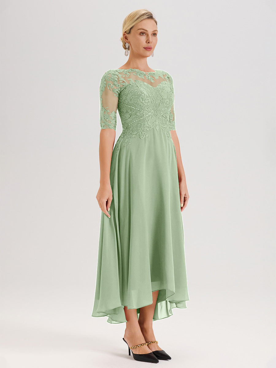 Cicinia Robe Mère Du Marié Sauge Poudre En Mousseline Dentelle Col Rond Demi-Manche Ourlet Irrégulier