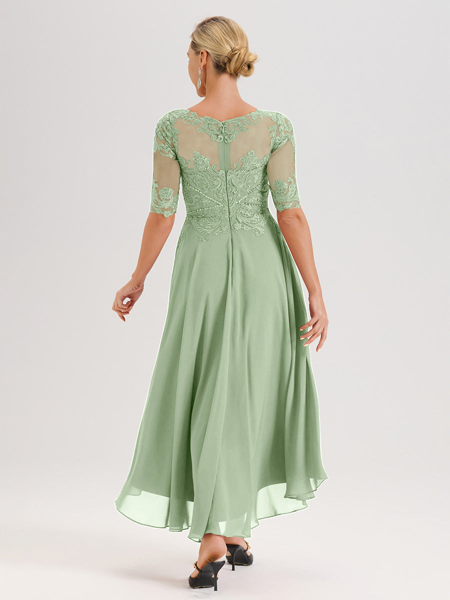 Cicinia Robe Mère Du Marié Sauge Poudre En Mousseline Dentelle Col Rond Demi-Manche Ourlet Irrégulier