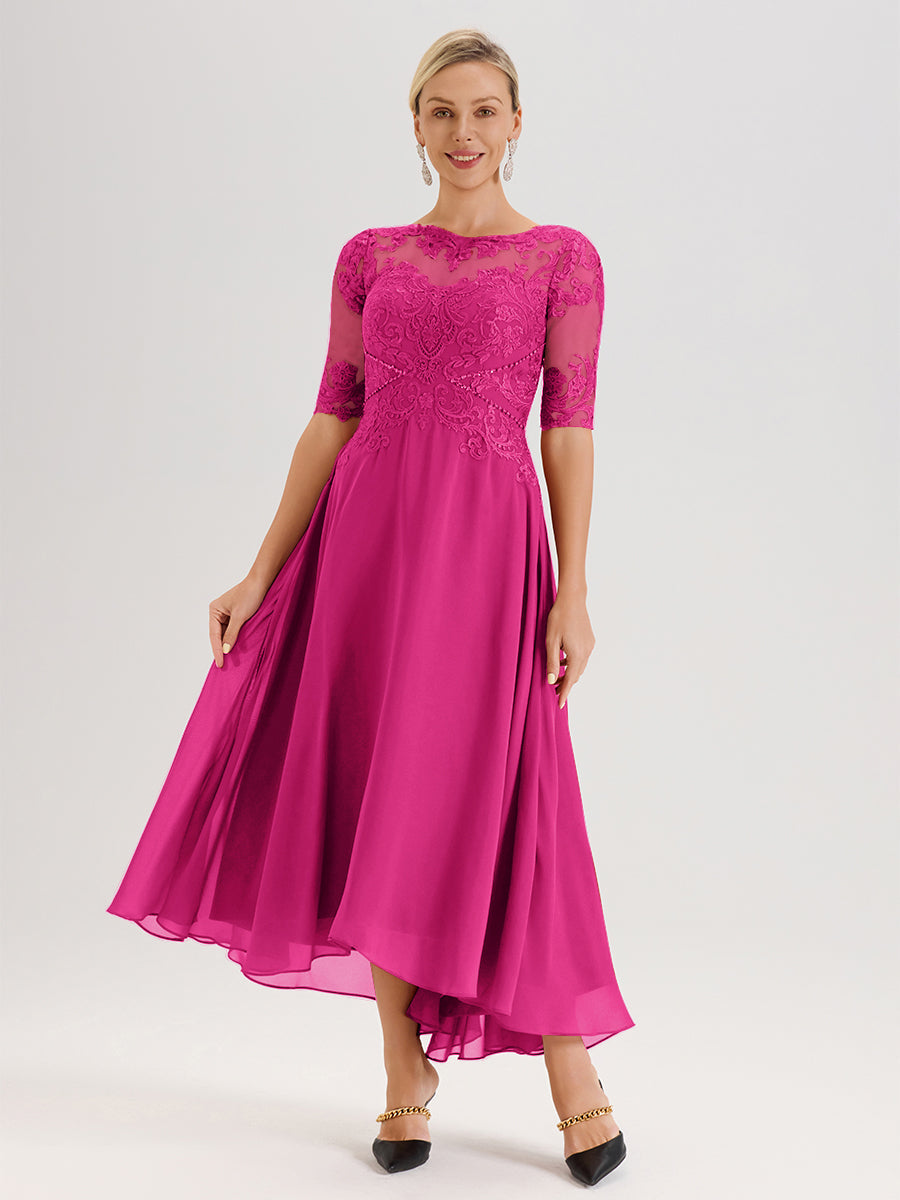 Cicinia Robe Mère Du Marié Fuchsia En Mousseline Dentelle Col Rond Demi-Manche Ourlet Irrégulier