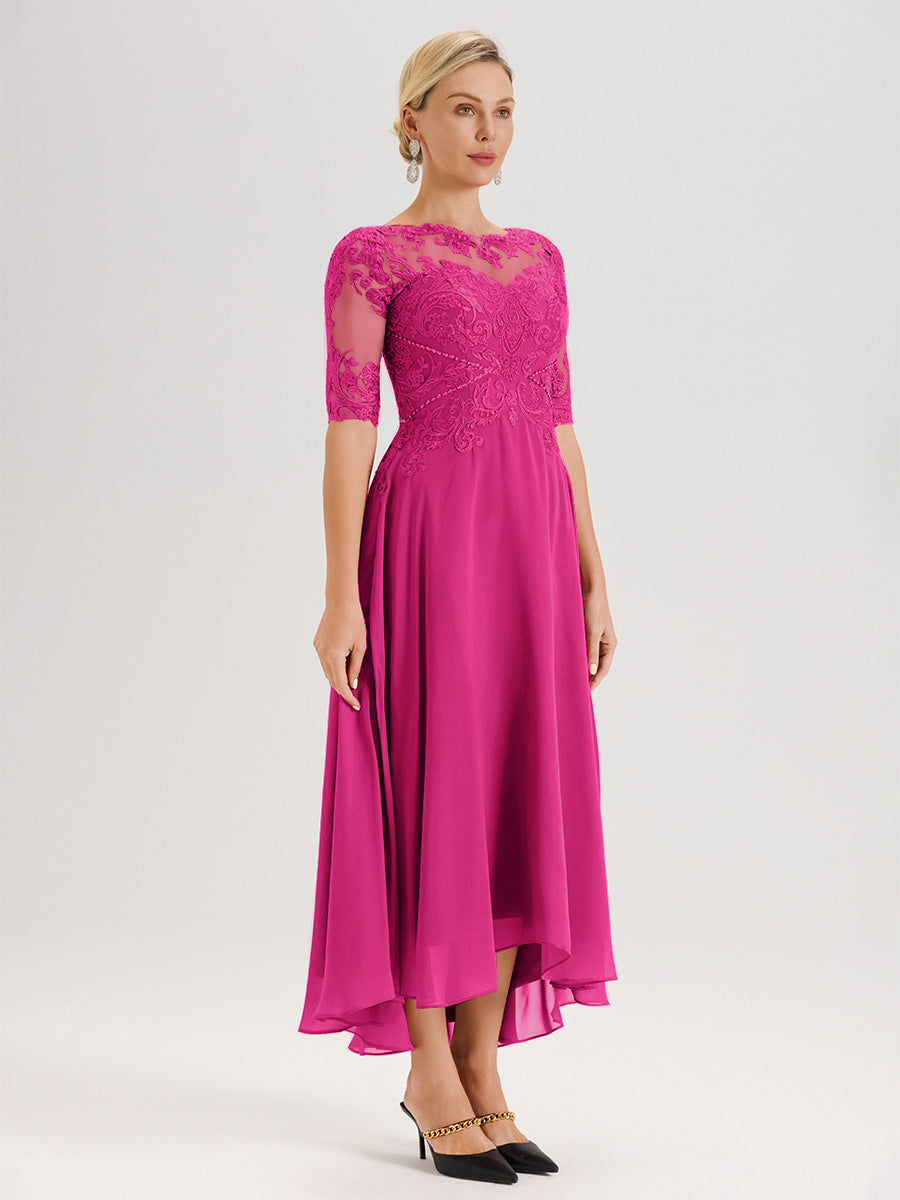 Cicinia Robe Mère Du Marié Fuchsia En Mousseline Dentelle Col Rond Demi-Manche Ourlet Irrégulier