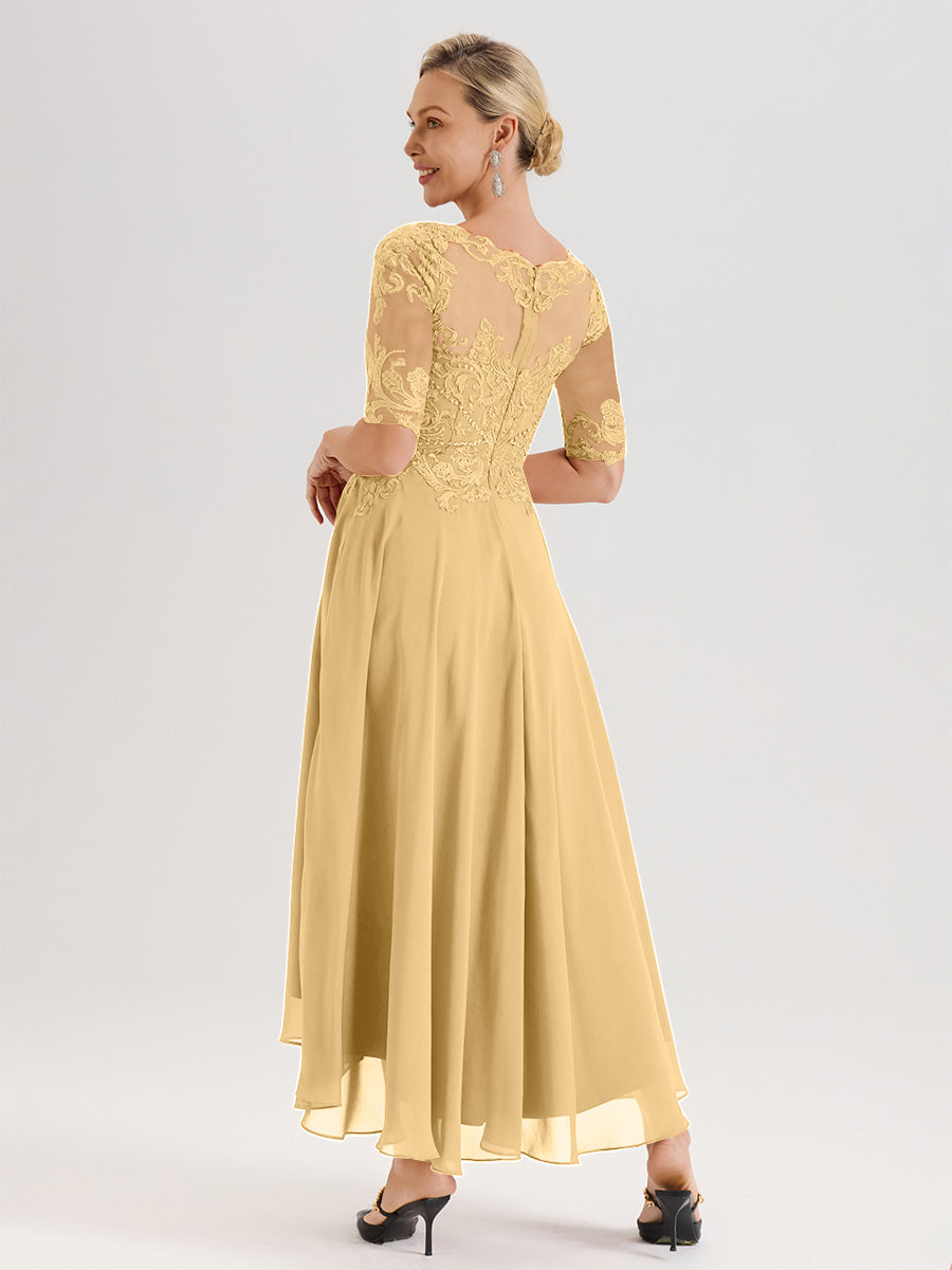 Cicinia Robe Mère Du Marié Dorée En Mousseline Dentelle Col Rond Demi-Manche Ourlet Irrégulier