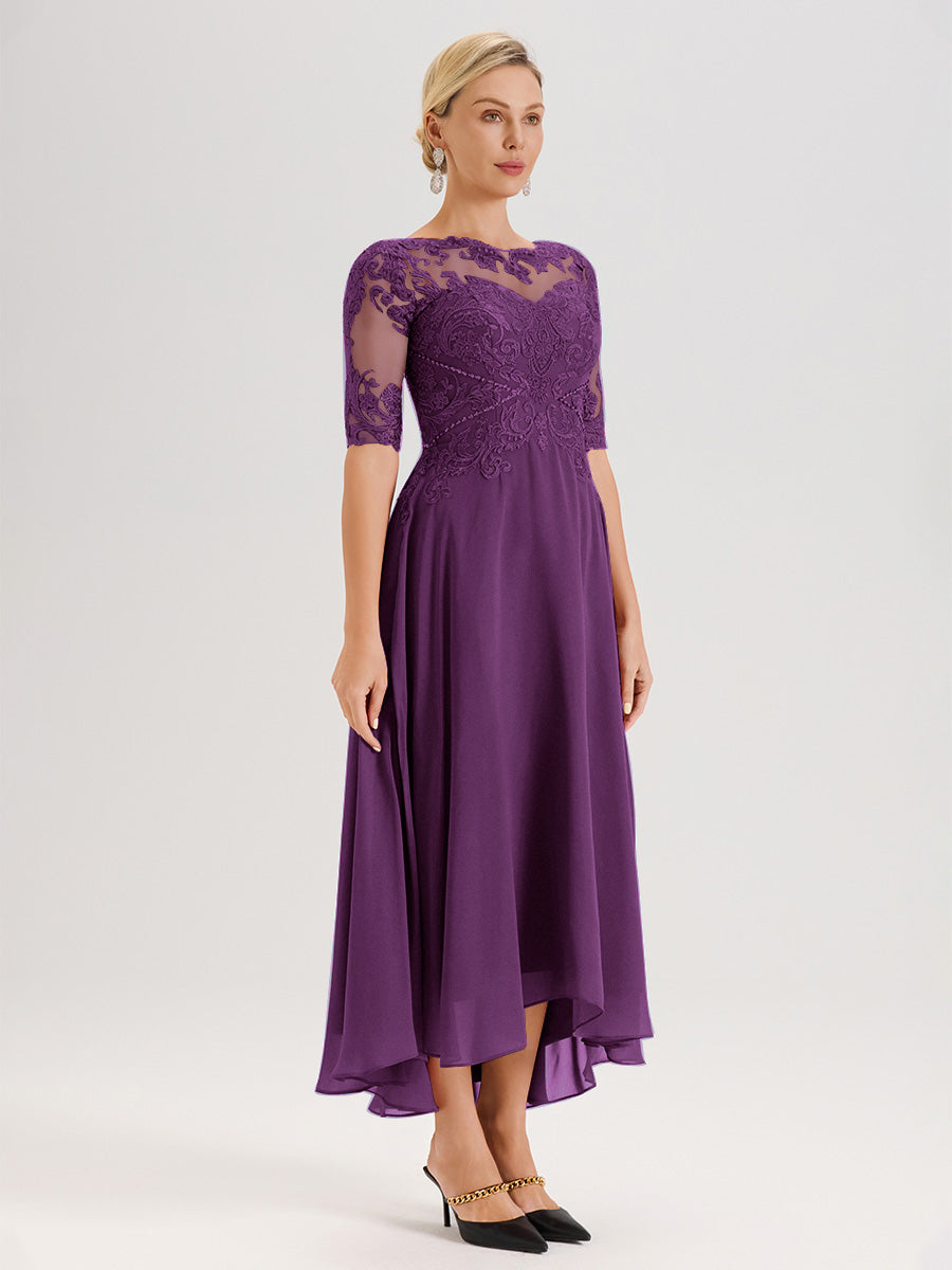Cicinia Robe Mère Du Marié En Raisin En Mousseline Dentelle Col Rond Demi-Manche Ourlet Irrégulier