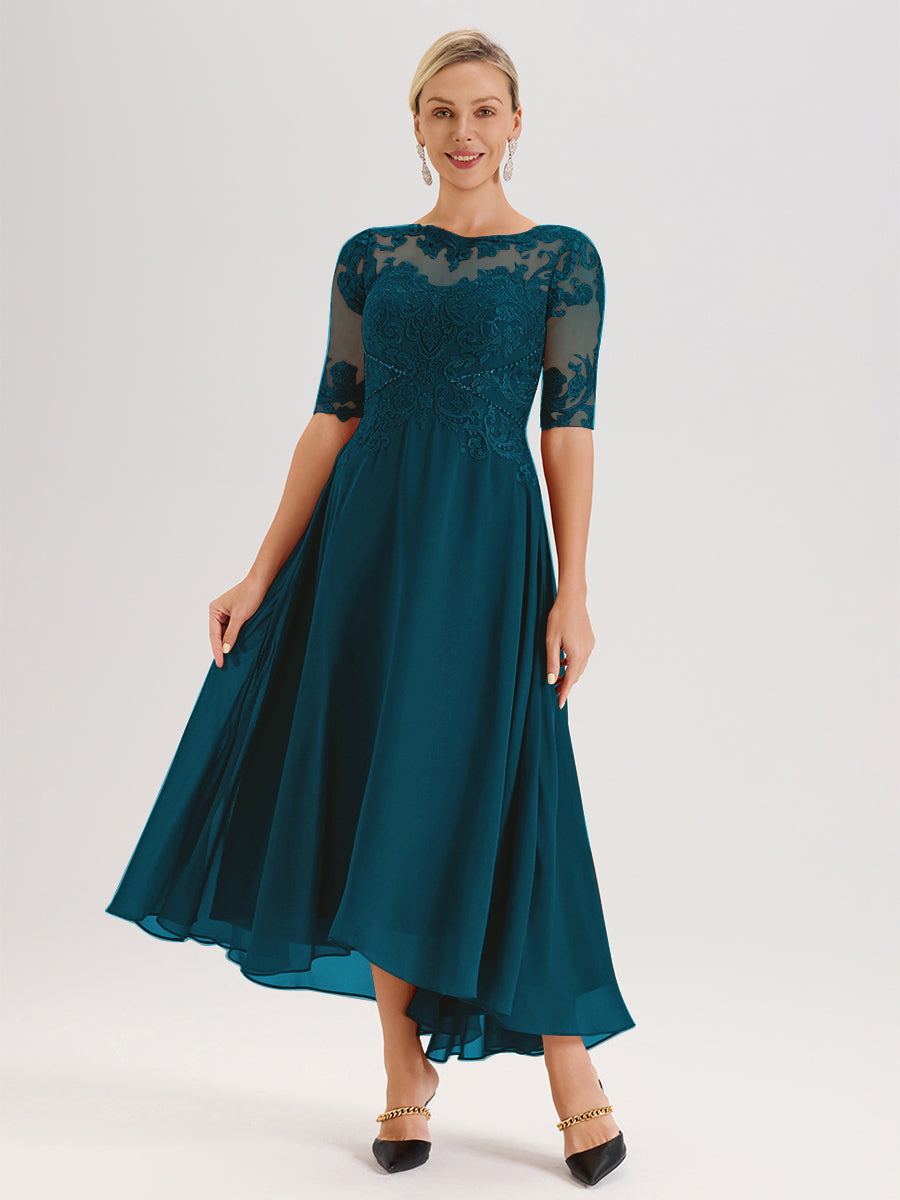 Cicinia Robe Mère Du Marié Bleu Encre En Mousseline Dentelle Col Rond Demi-Manche Ourlet Irrégulier