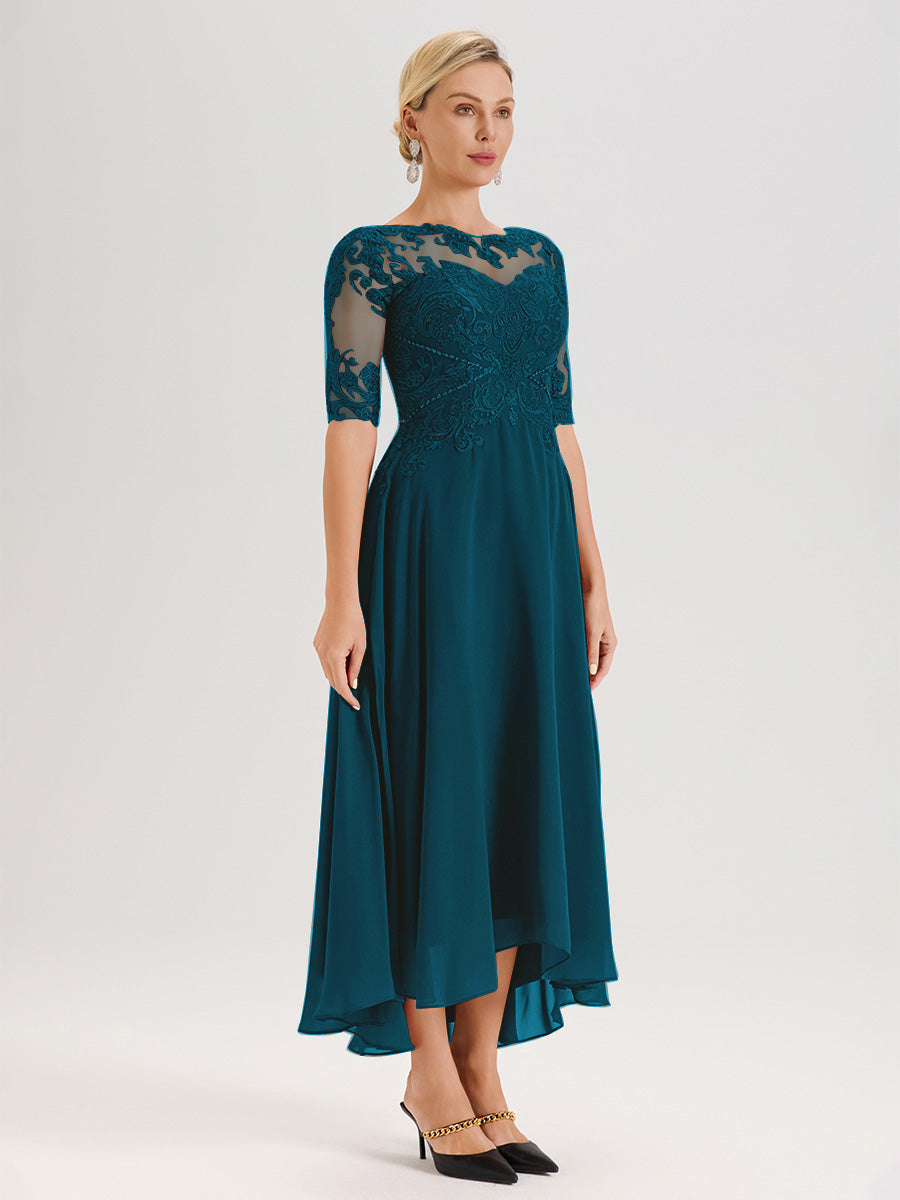 Cicinia Robe Mère Du Marié Bleu Encre En Mousseline Dentelle Col Rond Demi-Manche Ourlet Irrégulier