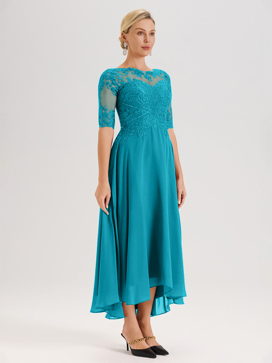 Cicinia Robe Mère Du Marié Vert Jade En Mousseline Dentelle Col Rond Demi-Manche Ourlet Irrégulier