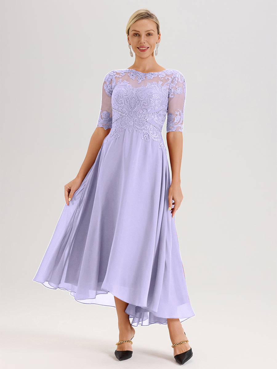 Cicinia Robe Mère Du Marié Lilas En Mousseline Dentelle Col Rond Demi-Manche Ourlet Irrégulier