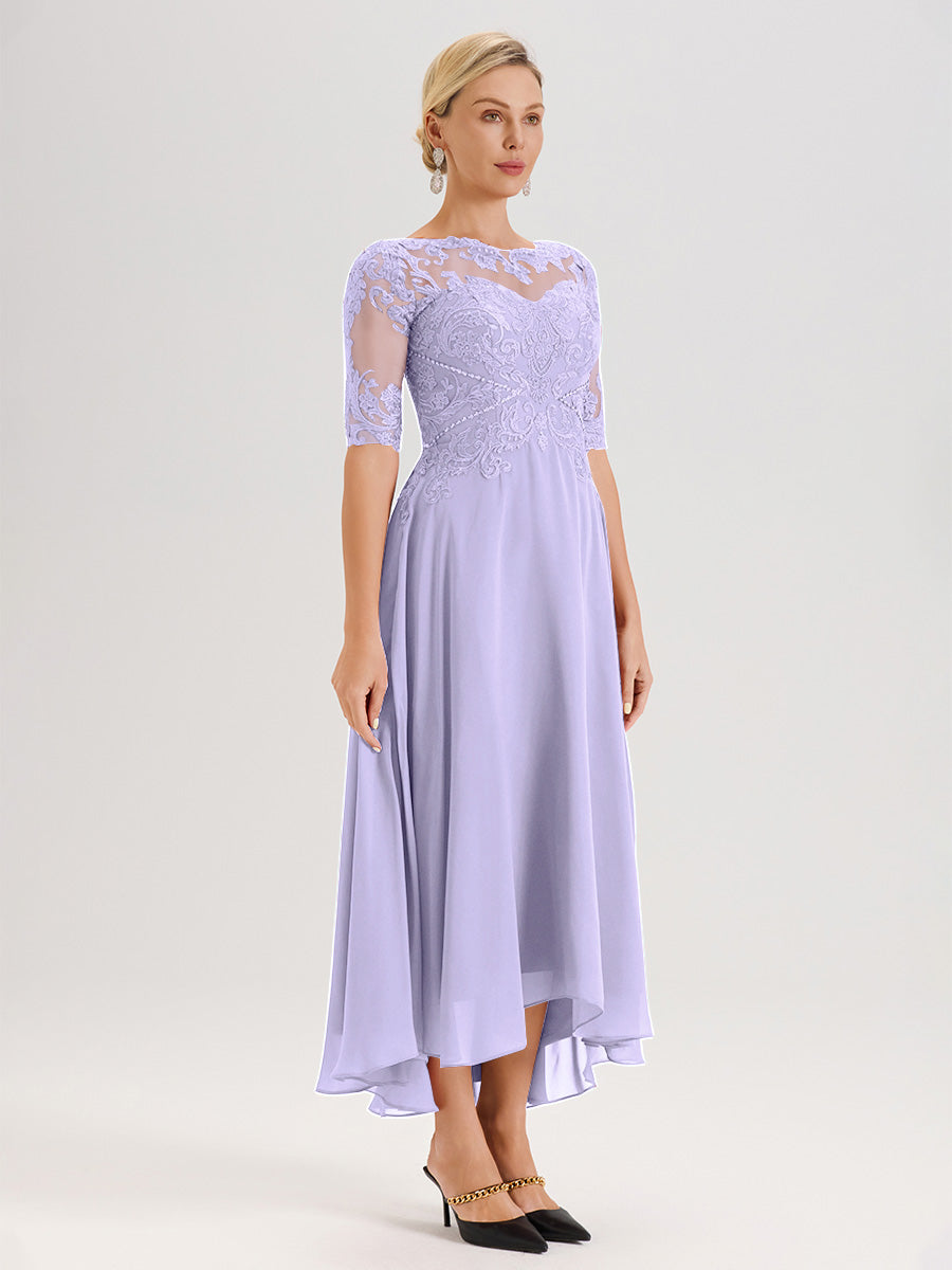 Cicinia Robe Mère Du Marié Lilas En Mousseline Dentelle Col Rond Demi-Manche Ourlet Irrégulier