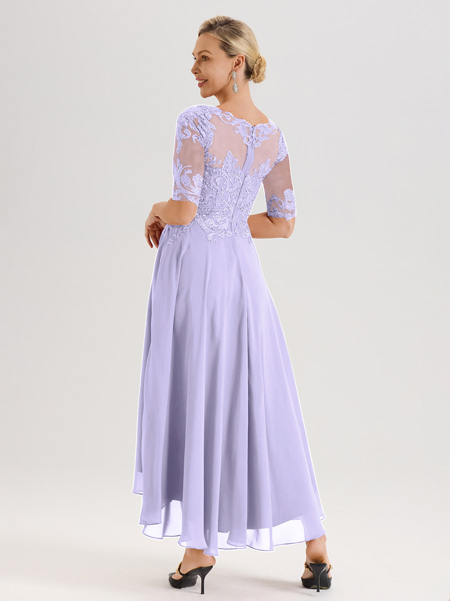 Cicinia Robe Mère Du Marié Lilas En Mousseline Dentelle Col Rond Demi-Manche Ourlet Irrégulier