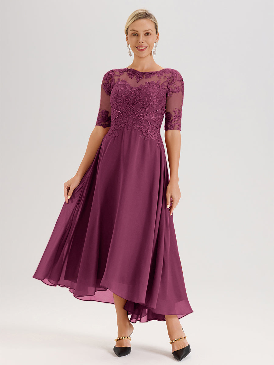 Cicinia Robe Mère Du Marié Mûre En Mousseline Dentelle Col Rond Demi-Manche Ourlet Irrégulier
